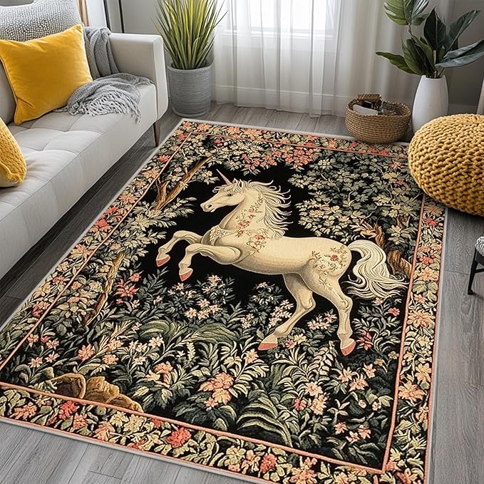 4x6 Unicorn Area Rugs Boho Floral Botanical Rug for Living Room Indoor Soft Non-Slip Thin Vintage Large Carpet Black Rugs for Bedroom Home Decor Under Table Washable Machine