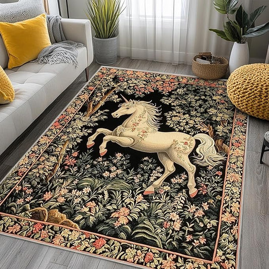 4x6 Unicorn Area Rugs Boho Floral Botanical Rug for Living Room Indoor Soft Non-Slip Thin Vintage Large Carpet Black Rugs for Bedroom Home Decor Under Table Washable Machine