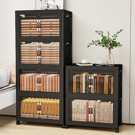 Storage Bins with 2 Lids and Wheels, Collapsible Bathroom Storage Cabinet with Clear Doors, Plastic Stackable Closet Organizers and Storage Containers Black 597 QT