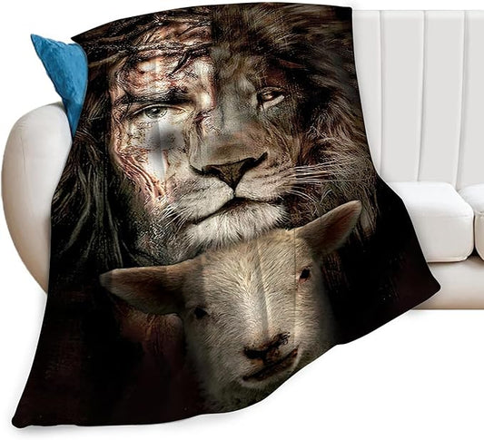 Christian Jesus Lion & Lamb Throw Blanket - Soft, Warm, Cozy Fleece for Men, Women, Adults - 50"x40"