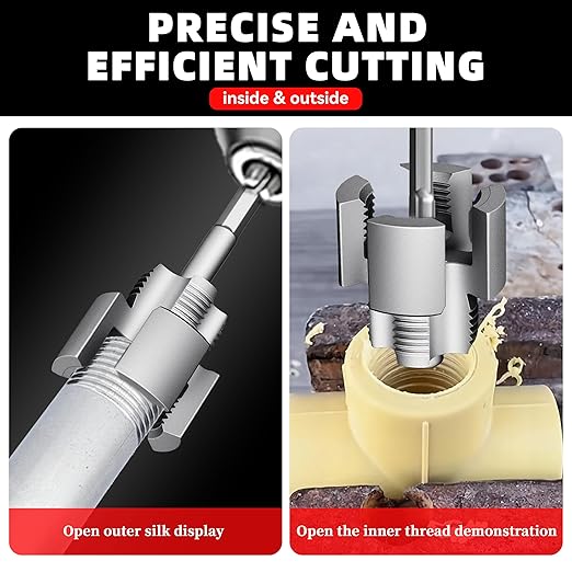 PVC Pipe Threader Kit, Integrated Internal & External Dual-Function Dies, 1/2" & 3/4" Pipe Threading Tool, Electric Drill Compatible Rethreading Head for Easy Home Repair（Mixed 1/2+3/4
