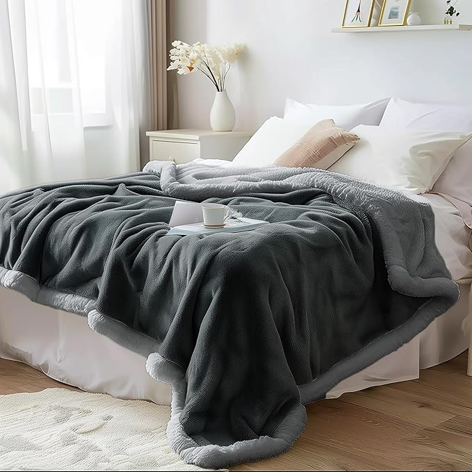 Waterproof Blanket Twin Size - Sherpa Fleece Reversible Throw, Soft Warm Leak-Proof Bed & Couch Protector for Kids, Pets & Everyday Spills (Charcoal Grey/Silver Grey, 65x90