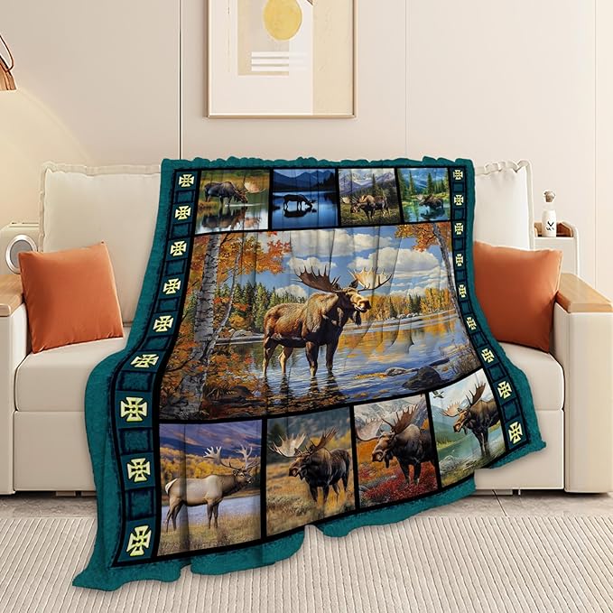 Moose Blanket, Rustic Cabin Throw Blanket, Forest Deer Gifts Blankets Wildlife Stuff Fleece Flannel Plush for Girls Women Men Boys Lovers Adults Soft Bedding for Sofa Bed Office Home Decor 40"X50"