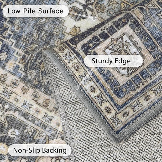 GENIMO 5X7 Area Rugs for Living Room, Machine Washable Non Slip Vintage Rugs, Low Pile Lightweight Chenille Print Rug for Bedroom, Dining Room, Home Office, Navy/Cream