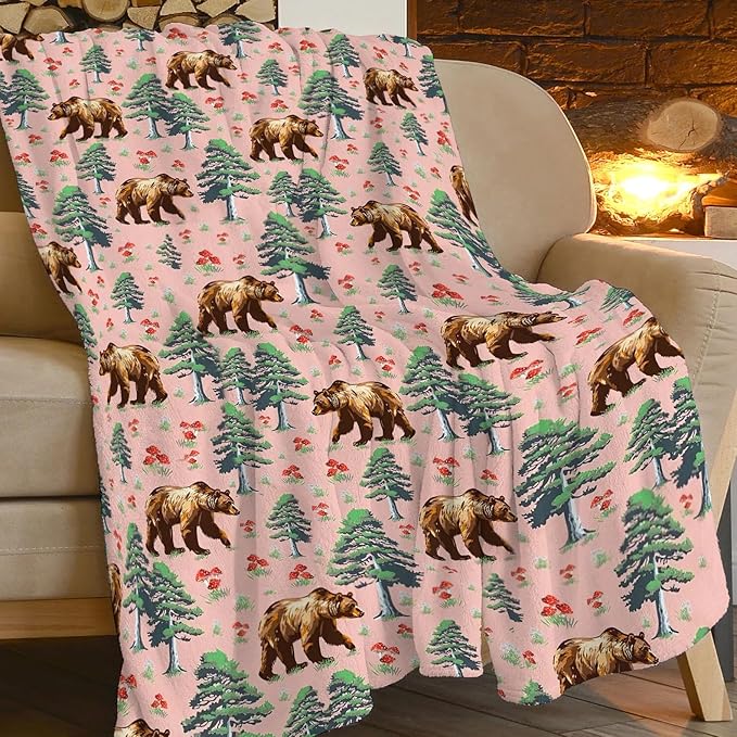 Bear Blanket Rustic Forest Bear Throw Blanket Super Soft Plush Lightweight Warm Fleece Flannel Mushroom Log Cabin Decor Blanket Gifts for Baby Kids Girls Women Boys for Sofa Couch Bed 50"X60"