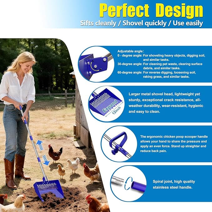 2-in-1 Chicken Poop Scooper & Rake 12-Inch Large Metal Shovel Head Adjustable Stainless Steel Handle (24 to 64") Litter Sifting Shovel Cleaning Tools for Chicken Run, Animal Farm (Blue)