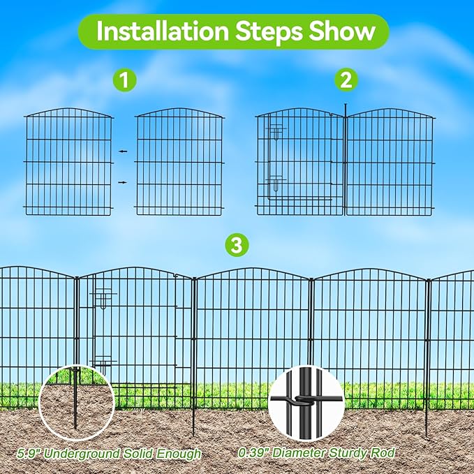 INJOPEXI Garden Fence 12 Panels 23.6ft (L)×30in (H) Decorative Garden Fences with 11 Panels + 1 Gate, No Dig Animal Barrier Fencing Rustproof Metal Wire Temporary Dog Fence Border for Outdoor Yard