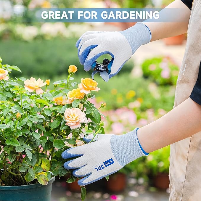 JDL Gardening Gloves for Women, 2 Pairs Breathable Latex Coated Yard Garden Gloves, Rubber Outdoor Protective Work Gloves with Grip, Blue, Large Size