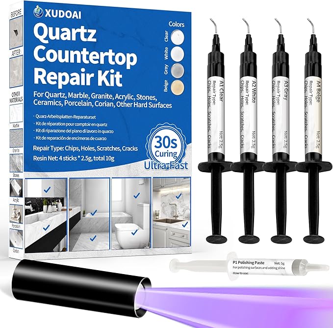Quartz Countertop Repair Kit (Clear, White, Gray, Beige) 30s Fast Curing DIY Fix Luxury Stone, Granite Marble Acrylic Porcelain Fiberglass Quartz Countertop Chip Repair Kit for Cracks Holes Scratches