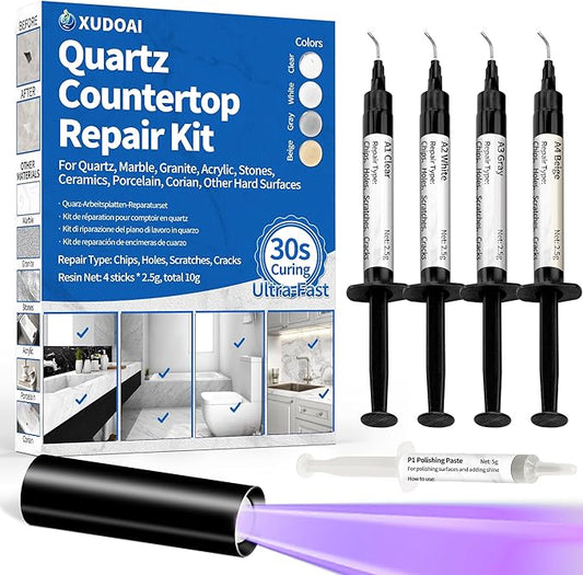 Quartz Countertop Repair Kit (Clear, White, Gray, Beige) 30s Fast Curing DIY Fix Luxury Stone, Granite Marble Acrylic Porcelain Fiberglass Quartz Countertop Chip Repair Kit for Cracks Holes Scratches
