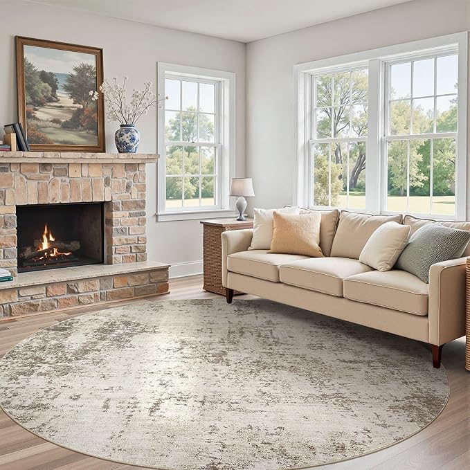 10ft Round Area Rug Living Room Rugs - 10x10 Washable Large Neutral Modern Abstract Soft Thin Rug Indoor Floor No Slip Rug Carpet for Bedroom Under Dining Table Home Office Decor - Dark Brown