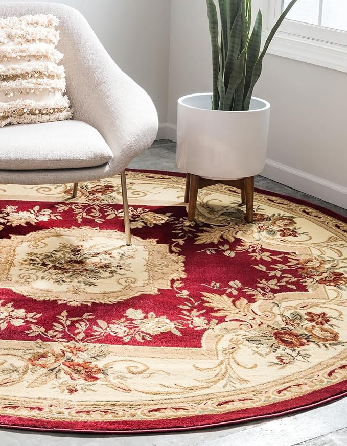 Unique Loom Versailles Collection Traditional Classic Floral Motif Area Rug (3' 3 x 3' 3 Round, Burgundy/Ivory)