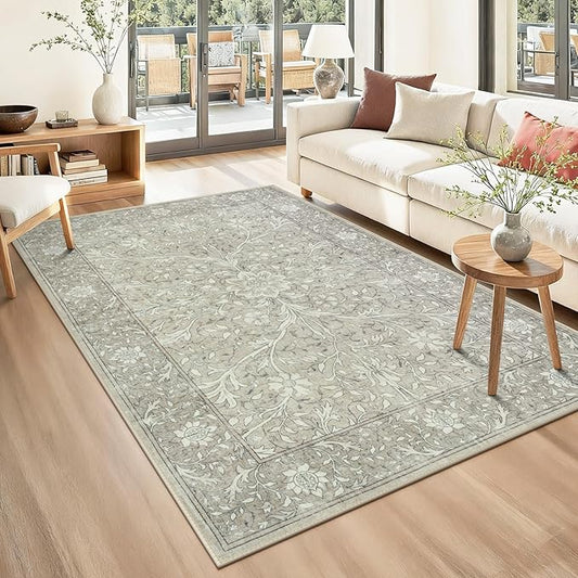 Collive 5x7 Area Rug, Washable Neutral Hand-Painted Floral Living Room Bedroom Rug, Vintage Distressed Boho Non Slip Low Pile Throw Carpet, Soft Retro Rugs for Dining Room Office, Taupe