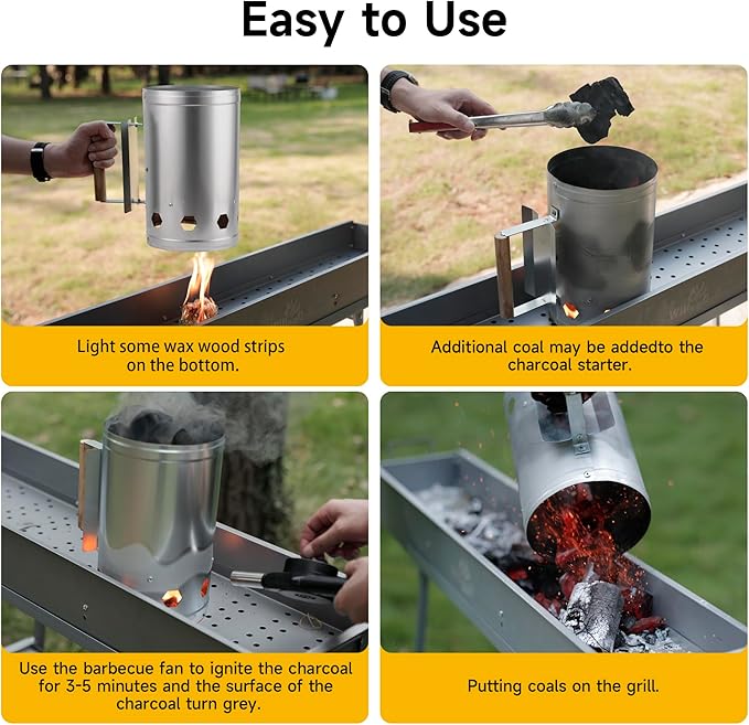 WILLBBQ Charcoal Chimney Starter, Heavy Duty Premium Chimney Starter for Charcoal Grills BBQ Accessory with Heat Resistant Wooden Handle for Outdoor Grill Camping (‌Silvery)
