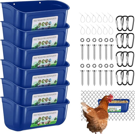 Chicken Feeder Waterer, 6 Pack Duck Feeder Supplies, Hanging Fence Feed Trough with Clips for Goat, Sheeple, Piglet, Gooses, Turkeys, Dog Livestock Poultry, Blue
