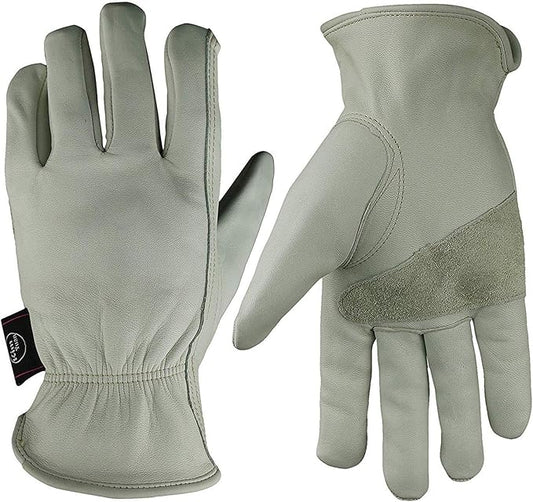 Leather Work Gloves Grain Cowhide for Yard Work, Gardening, Farm, Warehouse, Construction, Motorcycle, with Elastic Wrist, Men & Women XXL 1 Pair