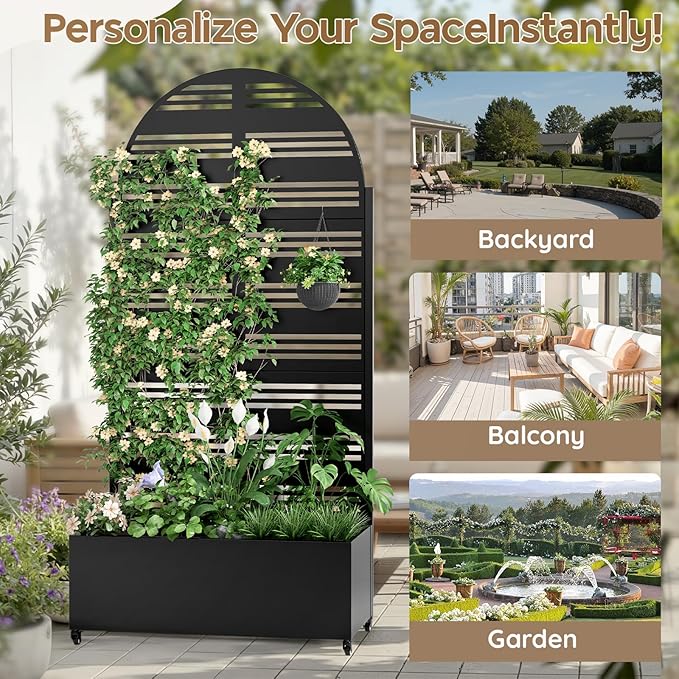 Metal Planter with Trellis& Wheels 72" x 35"x 15.7" Raised Garden Bed with Trellis,Privacy Planters for Patio,Garden Bed for Climbing Plants,Suitable for Climbing Plants and Vegetables,Black