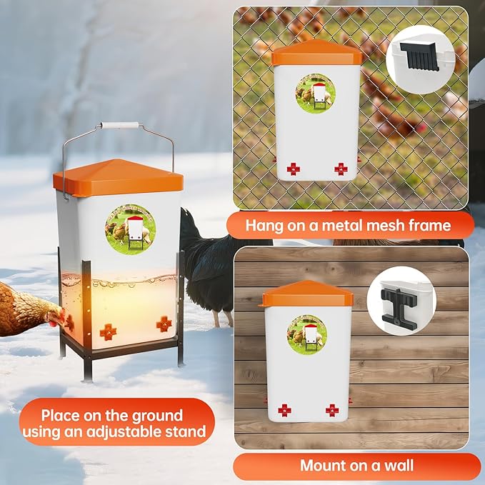 Nexum 3 Gallon Heated Chicken Waterer, Thermostatically Controlled Anti-Freeze Poultry Drinker with 4 Nipples & Adjustable Stand for Winter Coop Accessories (Orange)