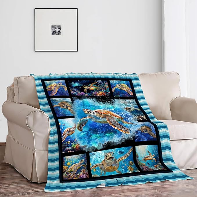 Sea Turtle Blanket, Ocean Turtle Throw Blanket, Sea Animal Gifts Blankets Stuff Fleece Flannel Plush for Girls Women Men Boys Lovers Adults Soft Bedding Gift for Sofa Bed Office Home Decor 60"x50"