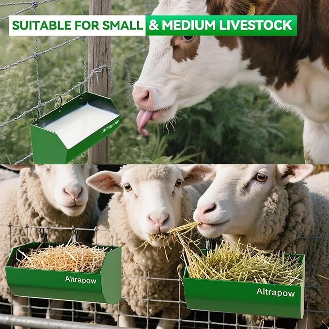4.5 Quart Hanging Goat Feeder [Material of Metal] with Clips and Nylon Tie Wraps, Fence Feeder [Sturdy and Durable] for Goat, Pig and Dog, Green, 4 Pack