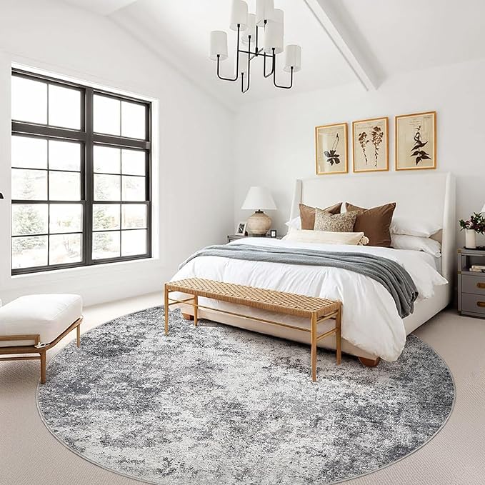 10ft Round Area Rug Living Room Rugs - 10x10 Washable Large Neutral Modern Abstract Soft Thin Rug Indoor Floor No Slip Rug Carpet for Bedroom Under Dining Table Home Office Decor - Grey