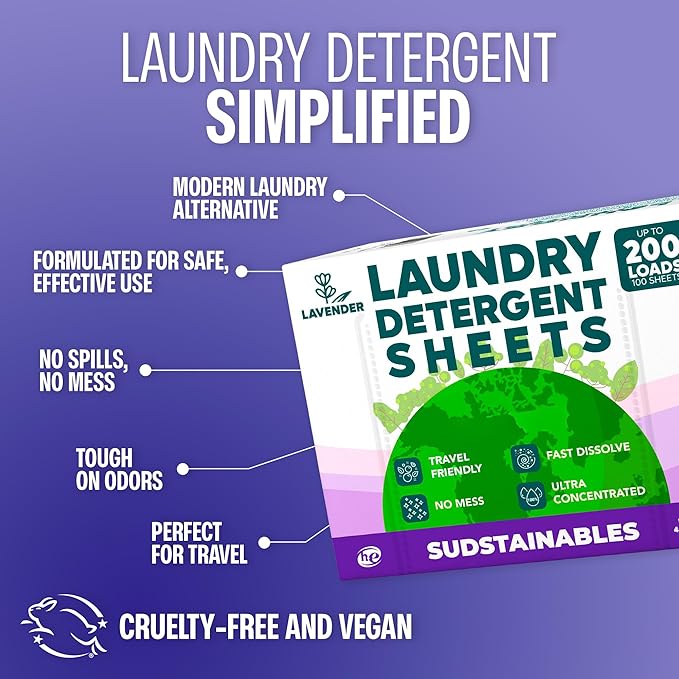 Sudstainables Laundry Detergent Sheets 200 Loads – Dissolvable Laundry Sheet for Washing Machines, Compact Alternative to Liquid & Powder Detergent, Travel-Friendly Soap | Lavender