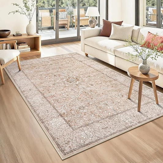 Collive 5x7 Area Rug, Washable Neutral Hand-Painted Floral Living Room Bedroom Rug, Vintage Distressed Boho Non Slip Low Pile Indoor Throw Carpet, Soft Retro Rugs for Dining Room Office, Pink Grey