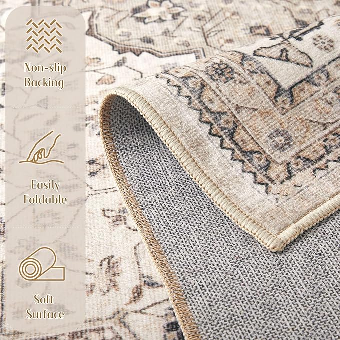 Washable 3x14 Hallway Runner Rug - Vintage Floral Stain & Fade Resistant Non-Slip Backing Ultra-Thin Long Carpet for Entryway, Bedroom, Kitchen, Corridor Decor (Brown/Beige)