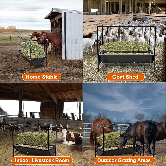 Pasture Hay Feeder 50 Gallon, Heavy Duty 2-in-1 Livestock Feeder, Hay Grain Feeding with 30 Gallon Feed Pan, Black Powder Coated Surface Steel Livestock Feeder for Sheep, Calf, Cow and Horse