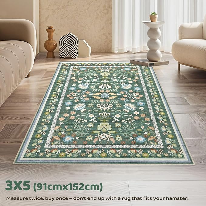 3x5 Area Rug Living Room Rugs - Washable Boho Vintage Floral Large Soft Non Slip Thin Rug Low Pile Carpet for Bedroom Dining Room Kids Playroom Office Decor Indoor- Green