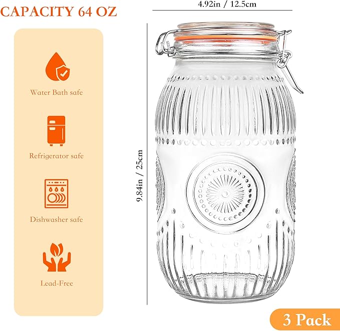 Amzcku Wide Mouth Vintage Mason Jars with Airtight Lid 64oz 2 Quart, Canister Quart Jars for Kitchen Storage - for Coffee, Sugar, Beans 3 Pack