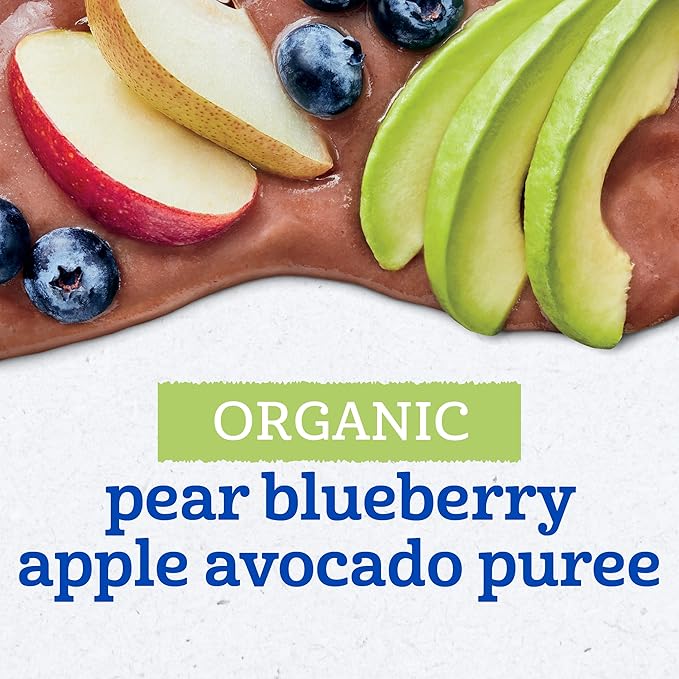 Gerber Stage 2 Baby Food, Organic Pear Blueberry Apple Avocado Puree Pouch, Organic Baby Food Pouches, No Added Sweetener, No Artificial Colors or Flavors, 12-Pack