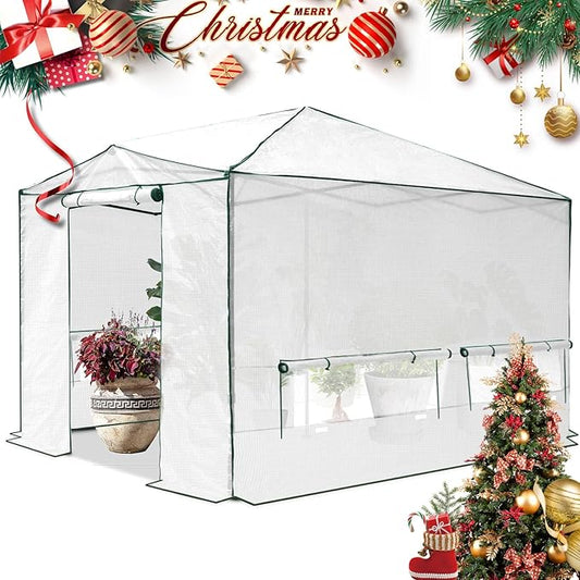 EAGLE PEAK Instant Pop-up Greenhouse, Indoor Outdoor Plant Gardening Green House, Roll-Up Zipper Doors & Side Windows - Winter Support Pole, Walk in 12x8 ft, White/Clear