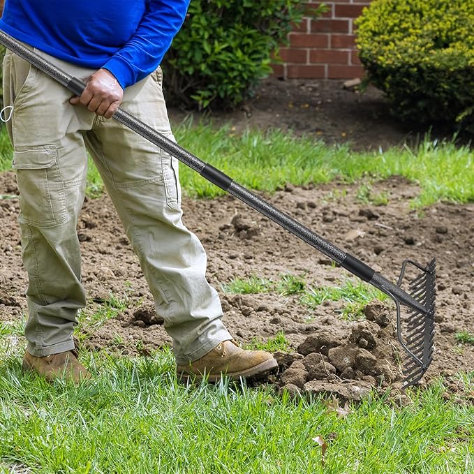 77'' Bow Rake ，17 Tines Metal Head Rakes with Stainless Steel Handle，Heavy Duty Garden Rake for Loosening Soil Gathering Leaf Leveling Lawn Farming Land Management Yarn Thatch Rake