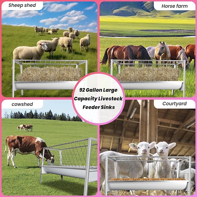 92 Gallon Goat Hay Feeder, 33.4" Height 60" Length Goat Feeder, Hay Rack Galvanized Steel Hay and Grain in One, Ease of Assembly, Hand-Powered Feeding Station for Goats, Sheep, Horses, Silver