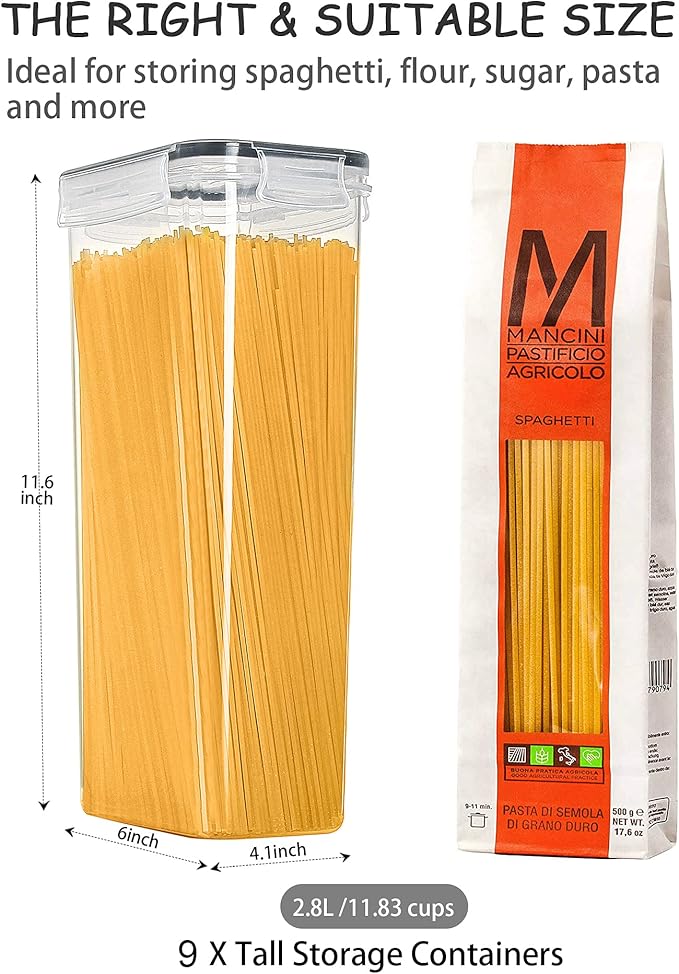 Wildone Airtight Food Storage Containers Set of 9 BPA Free Cereal & Dry Food Storage Containers 2.8L / 11.83 cups for Sugar, Flour, Snack, Baking Supplies, with 20 Chalkboard Labels & 1 Marker