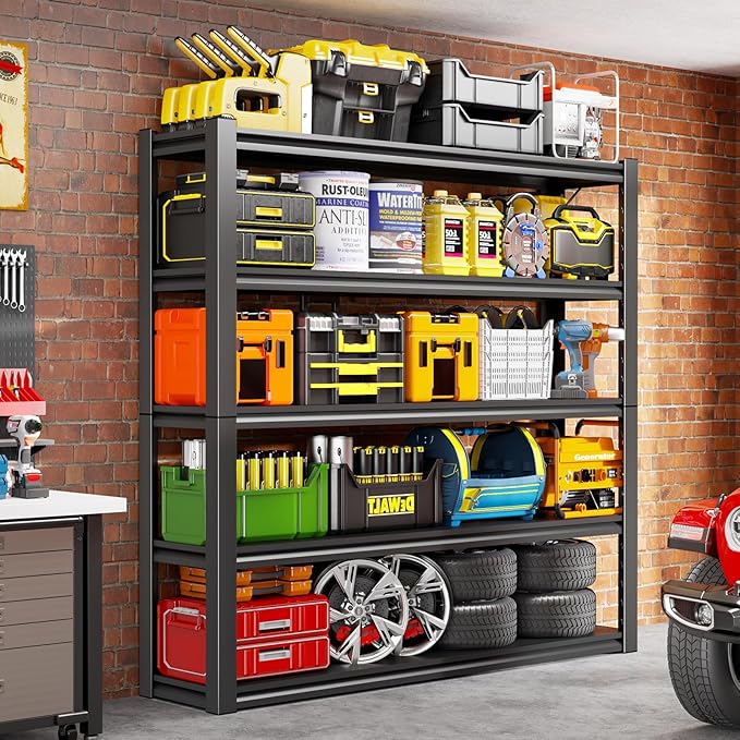 72" H Garage Shelving, 5 Tier Heavy Duty Metal Shelving with Adjustable Shelves, 3000LBS Storage Racks, Shelf Storage Units, Utility Shelves for Garages, Basements, Warehouses, Supermarkets