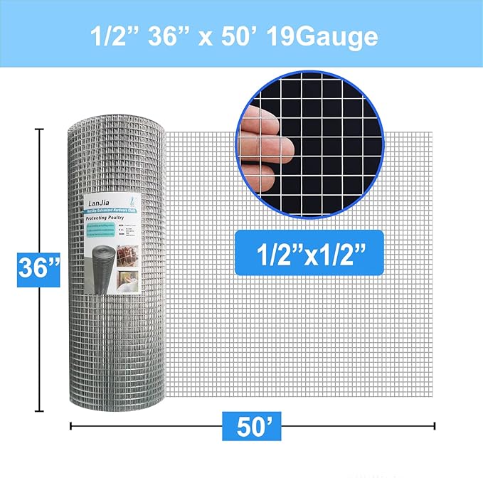 1/2 inch Hardware Cloth 36 inch x 50 Foot,Hot-Dipped Galvanized After Welding, Wire Screen Mesh Roll Chicken Wire Fence Roll Gopher Wire Mesh Tree Guard Wire Mesh Roll