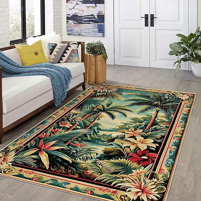 8x10 Tropical Rainforest Area Rugs Boho Forest Botanical Rug for Living Room Indoor Soft Non-Slip Thin Large Carpet Green Rugs for Bedroom Home Decor Under Table Washable Machine