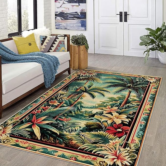 8x10 Tropical Rainforest Area Rugs Boho Forest Botanical Rug for Living Room Indoor Soft Non-Slip Thin Large Carpet Green Rugs for Bedroom Home Decor Under Table Washable Machine