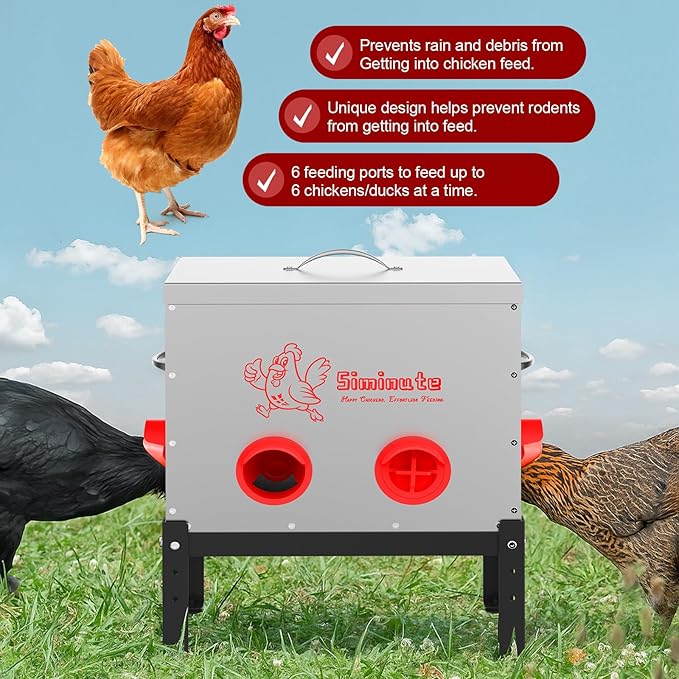 Automatic Chicken Feeder, 40 Lb Capacity 6 Port Large Metal Chicken Feeders, No Waste Poultry Feeder with Locking Lid & Legs, Large Chicken Feeder for Inside Chicken Coops