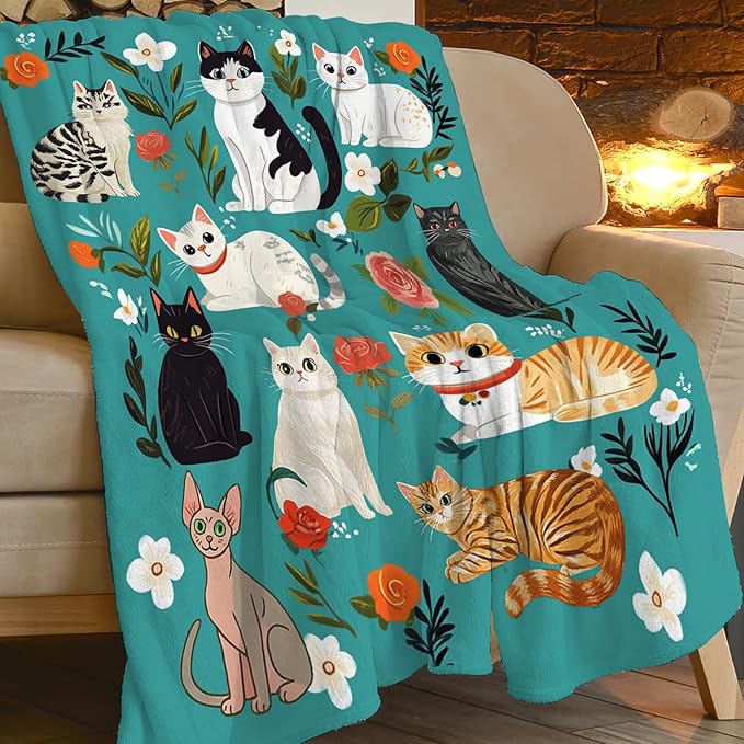 Cat Blanket, Cats Throw Blanket, Floral Gifts Blankets Stuff Fleece Flannel Plush for Girls Women Men Boys Lovers Adults Soft Bedding Gift for Sofa Bed Office Home Decor 40"X50"