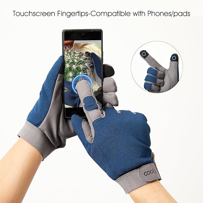 COOLJOB Thorn Proof Garden Gloves with Touchscreen Fingers for Men, Rose Pruning Work Gloves with Palm Cushion for Gardener, Farmer and Landscaper (Navy 1 Pair Large)