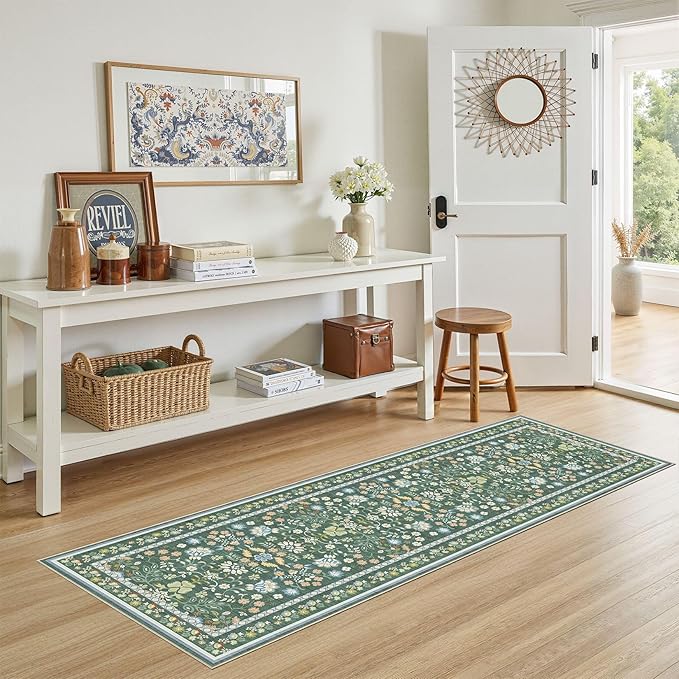 Runner Rug for Hallways Kitchen: 2x6 Washable Area Rug Boho Floral Soft Long Rug - Non-Slip Low Pile Throw Indoor Carpet for Entryway Kitchen Bedroom Laundry Bathroom - Green