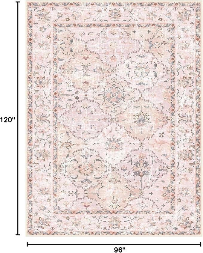 Boho Vintage Area Rugs 8×10 Washable Non-Slip Traditional Pink Area Rug for Living Room Bedroom Dining Room Farmhouse