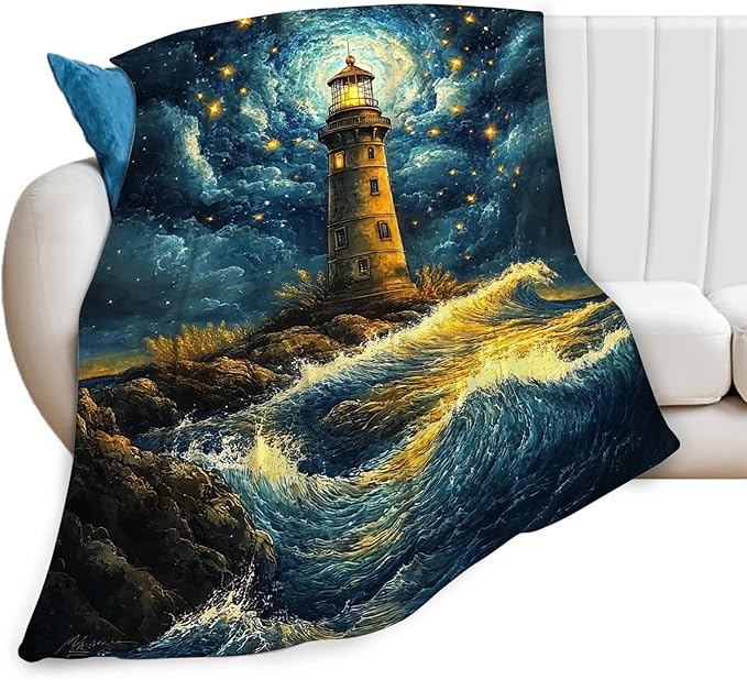 Lighthouse Blanket Nautical Coastal Lighthouse Starry Night Throw Blankets Gifts for Girls Boys Kids Soft Cozy Fleece Plush for Couch Sofa Bed 50"x40"