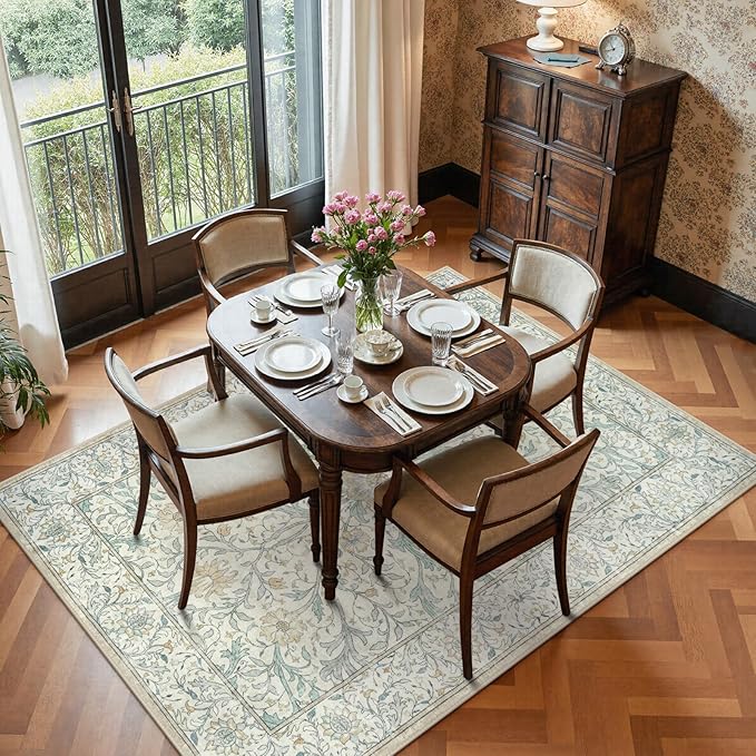 Collive 5x7 Area Rug, Washable Neutral Hand-Painted Floral Living Room Bedroom Rug, Vintage Distressed Non Slip Low Pile Throw Carpet, Soft Retro Rugs for Dining Room Office, Ivory/Light Turquoise