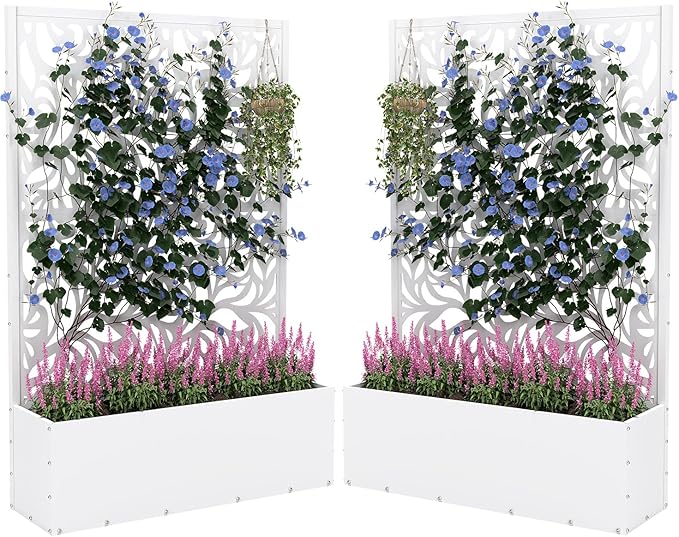 2PCS Metal Planter Box with Trellis,70.9"x47.2"x15.7" Raised Garden Bed with Drainage Holes, Privacy Planters for Outdoor Garden Bed for Climbing Plants,Vegetables,and Vines, White-Flower