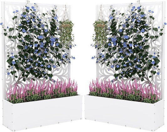 2PCS Metal Planter Box with Trellis,70.9"x47.2"x15.7" Raised Garden Bed with Drainage Holes, Privacy Planters for Outdoor Garden Bed for Climbing Plants,Vegetables,and Vines, White-Flower