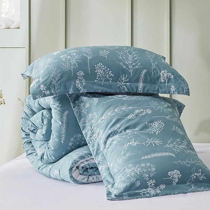 Bedsure California King Comforter Set - Mineral Blue Bed Set, 3 Pieces Cute Floral Bedding, 1 Soft Reversible Botanical Flowers Comforter and 2 Pillow Shams